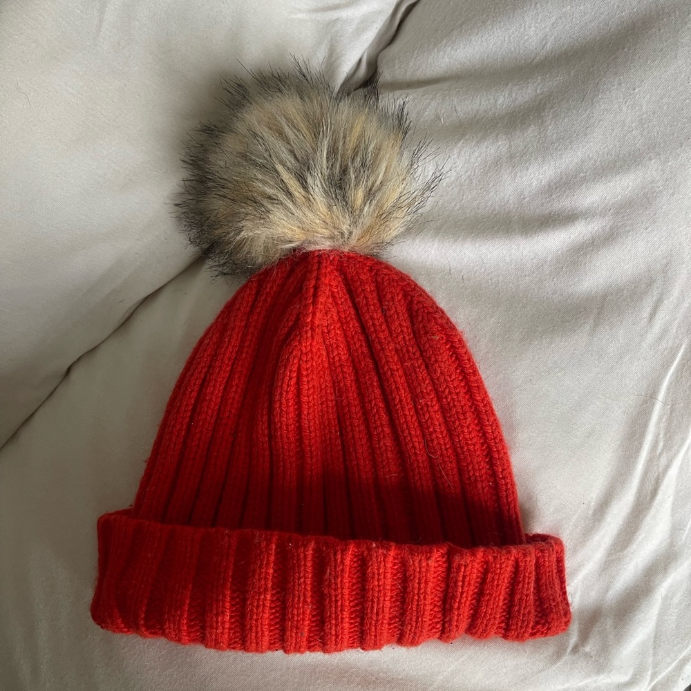 J.CREW faux fur pom pom knit hat
